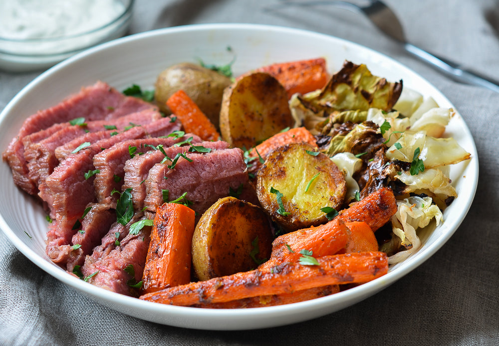Roasted Corned Beef with Roasted Carrots, Potatoes & Cabbage