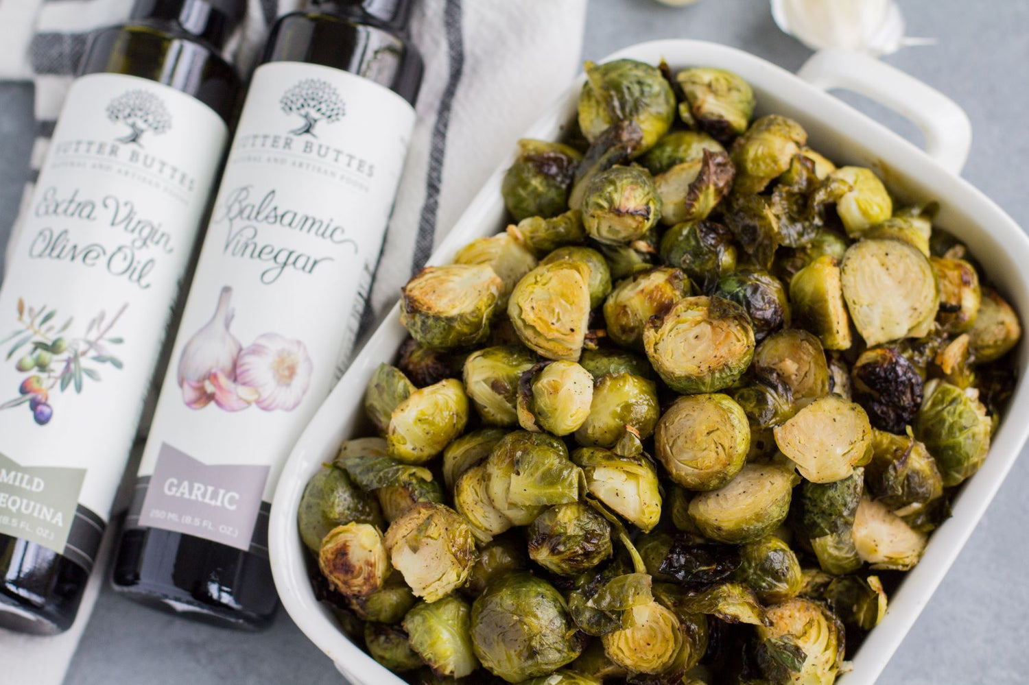 White Garlic Balsamic Roasted Brussels Sprouts